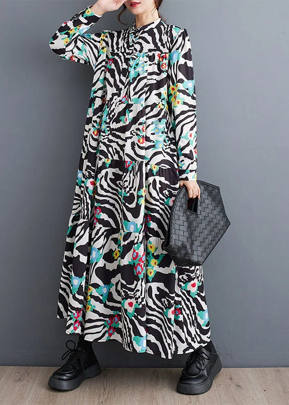 maxi dresses with rufflesClassy Stand Collar Print Patchwork Wrinkled Maxi Dress Fall