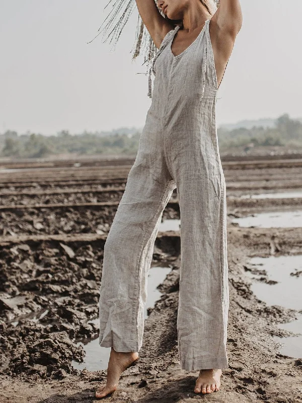 women's jumpsuits for stylish and functional fashionWomen Boho Grey Linen Jumpsuit Romper Comfy Sleeveless Jumpsuit