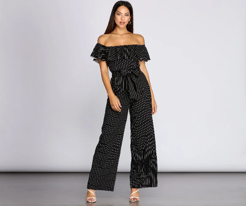 women's jumpsuits with cinched waistsStylishly Striped Off The Shoulder Jumpsuit