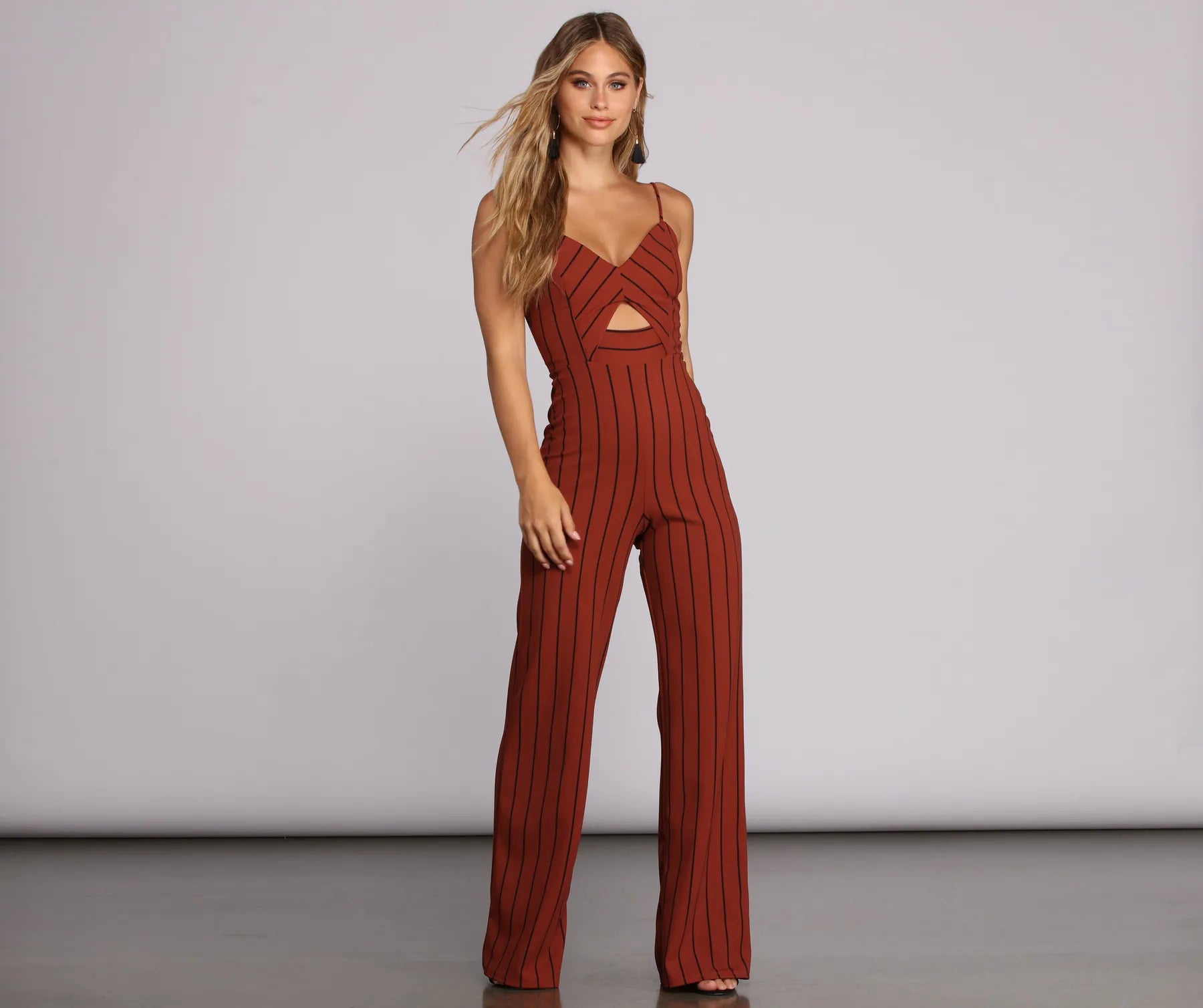 women's jumpsuits with high necksZero In Keyhole Striped Jumpsuit