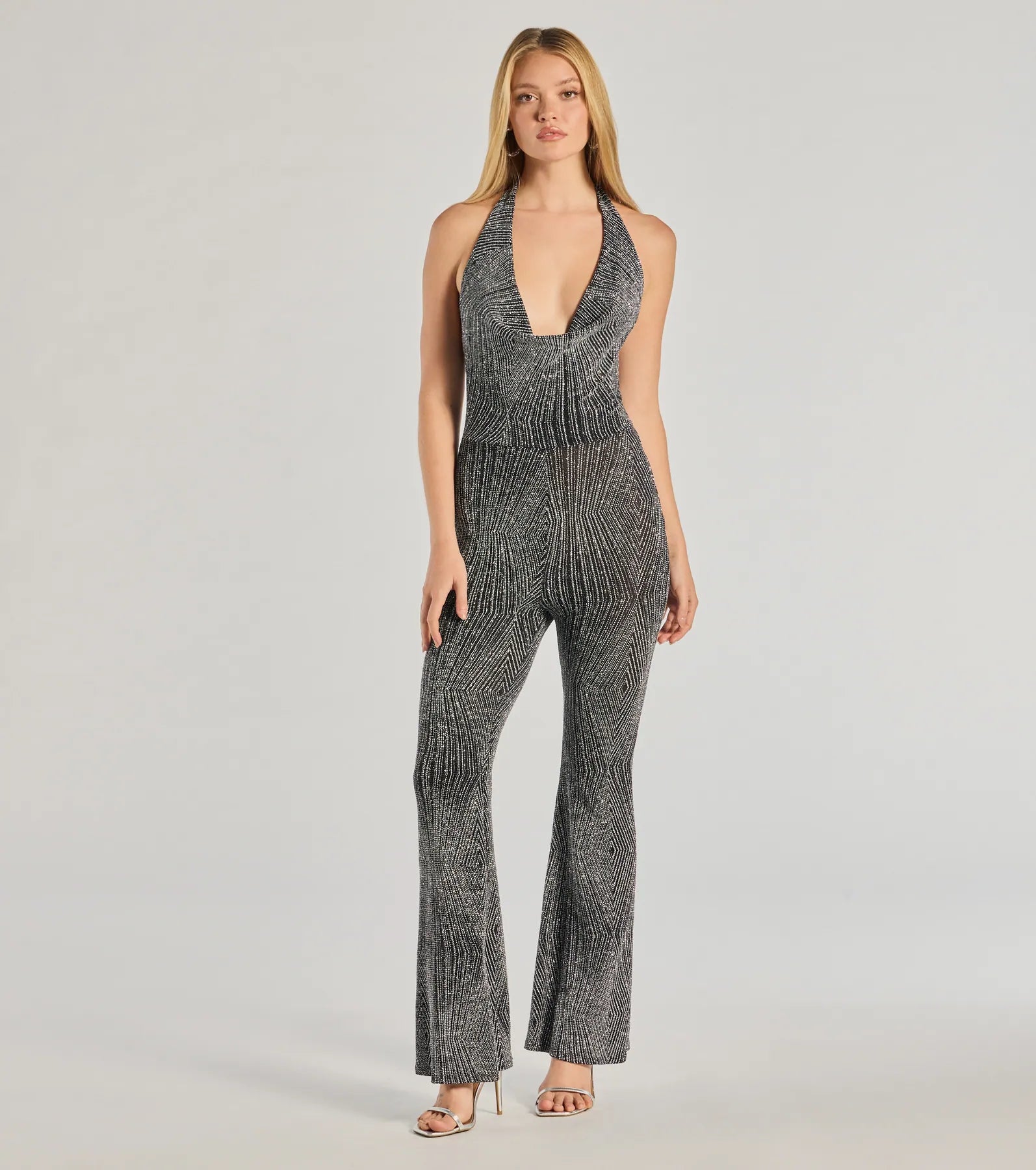 women's jumpsuits with checkered designsDare To Shine Metallic Knit Halter Jumpsuit