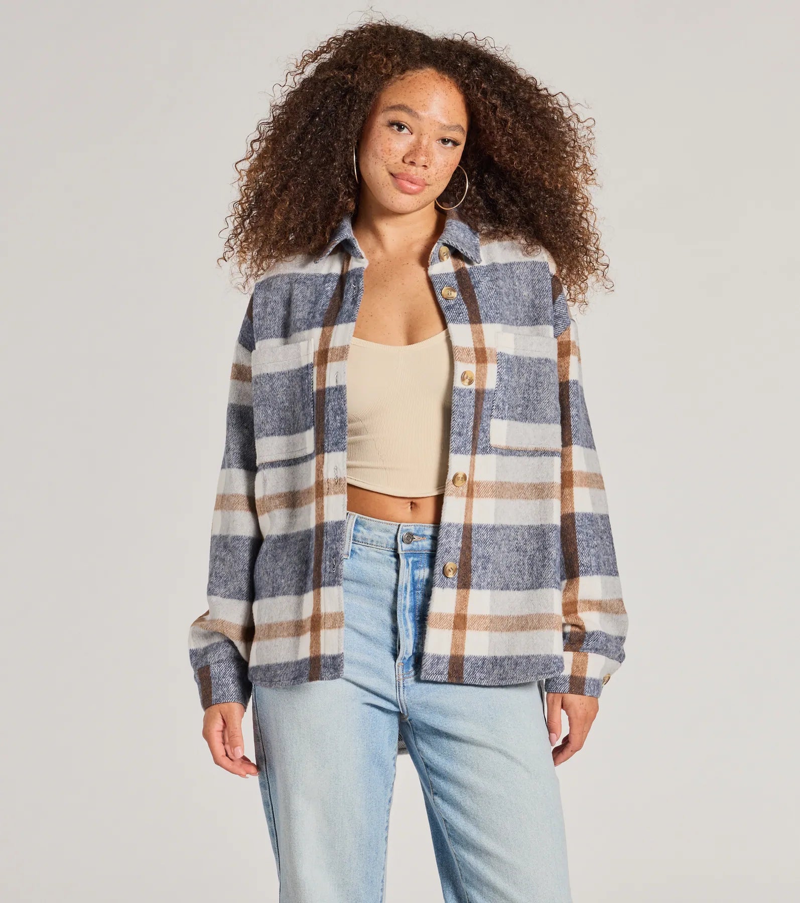 women's tops with lace-up frontsEffortless Cutie Long Sleeve Plaid Shacket