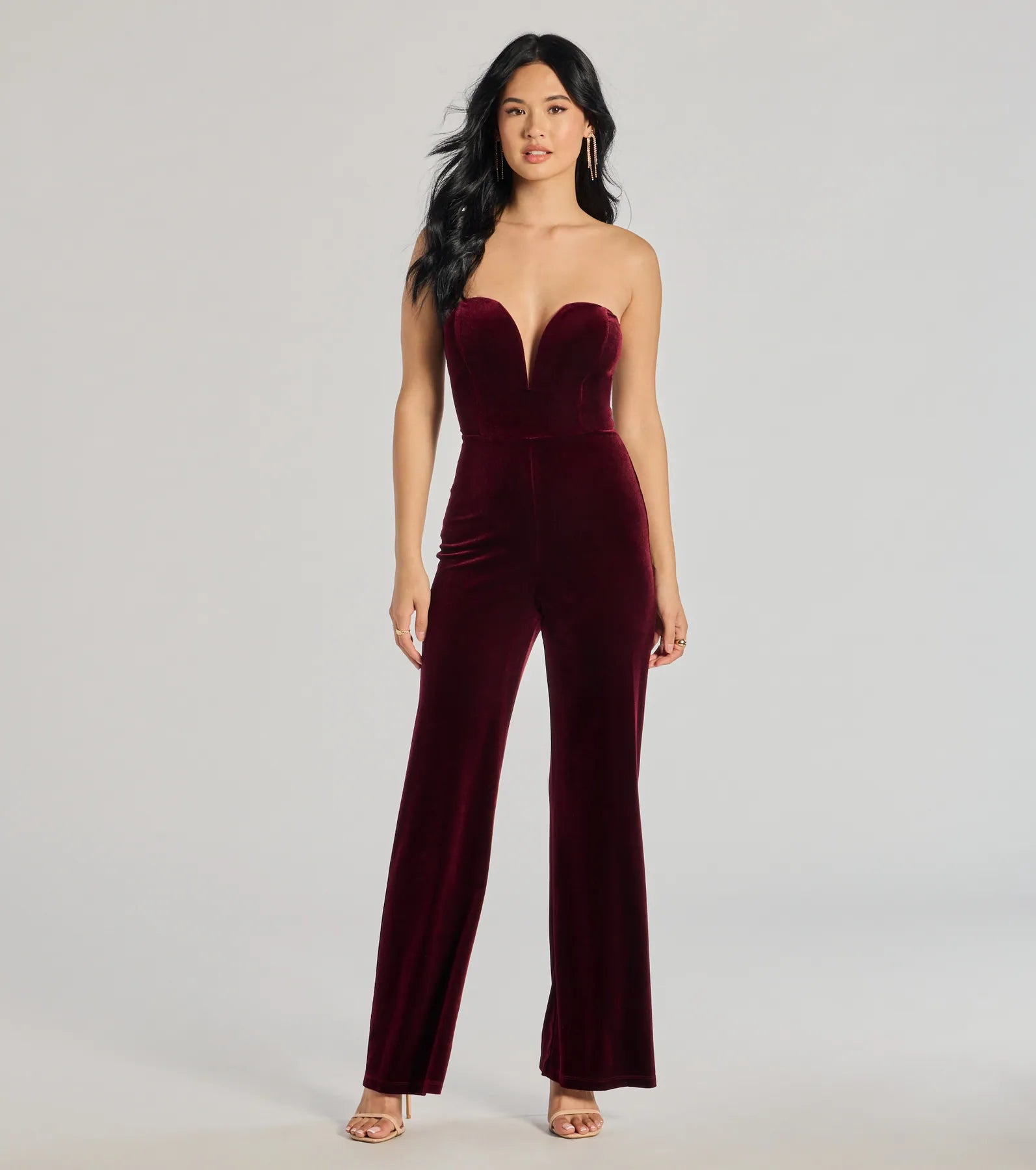 women's jumpsuits with lace detailsThe Glam Factor Sleeveless Velvet Jumpsuit