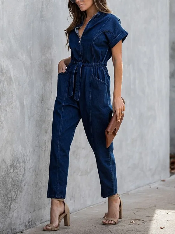 women's wide-leg jumpsuitsCasual Short Sleeve Pocket Jumpsuit