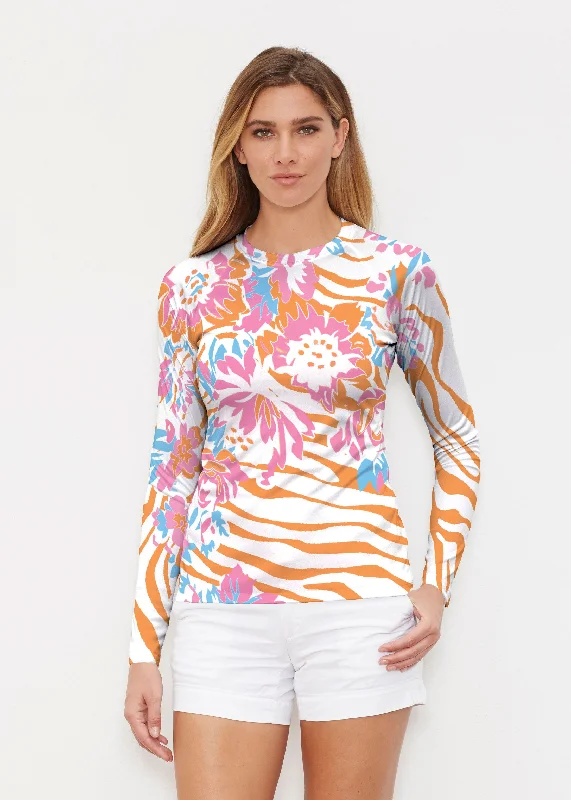 women's tops with built-in brasZebra Posy Orange (8119) ~ Long Sleeve Rash Guard