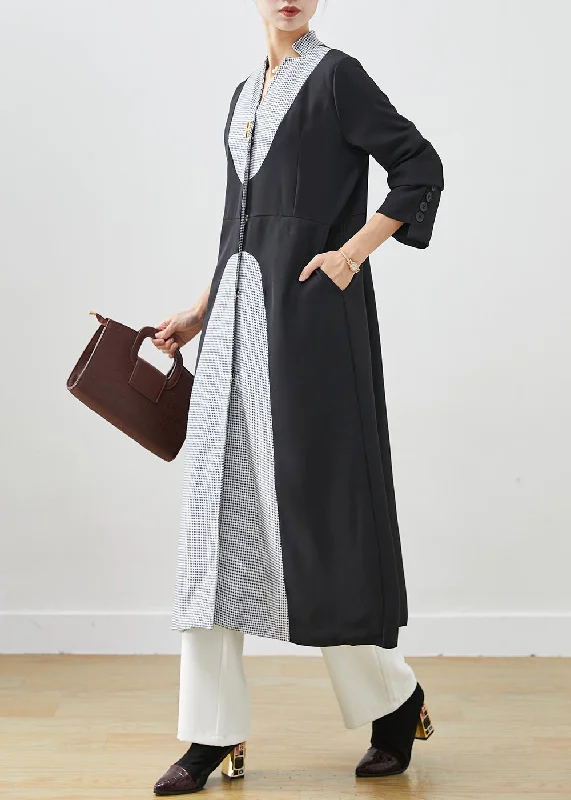 maxi dresses for autumnFrench Black V Neck Patchwork Cotton Maxi Dresses Fall