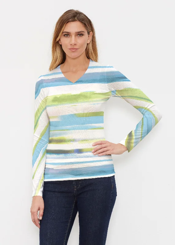 women's tops for relaxed weekendsMulti Stripe Blue (7843) ~ Butterknit Long Sleeve V-Neck Top