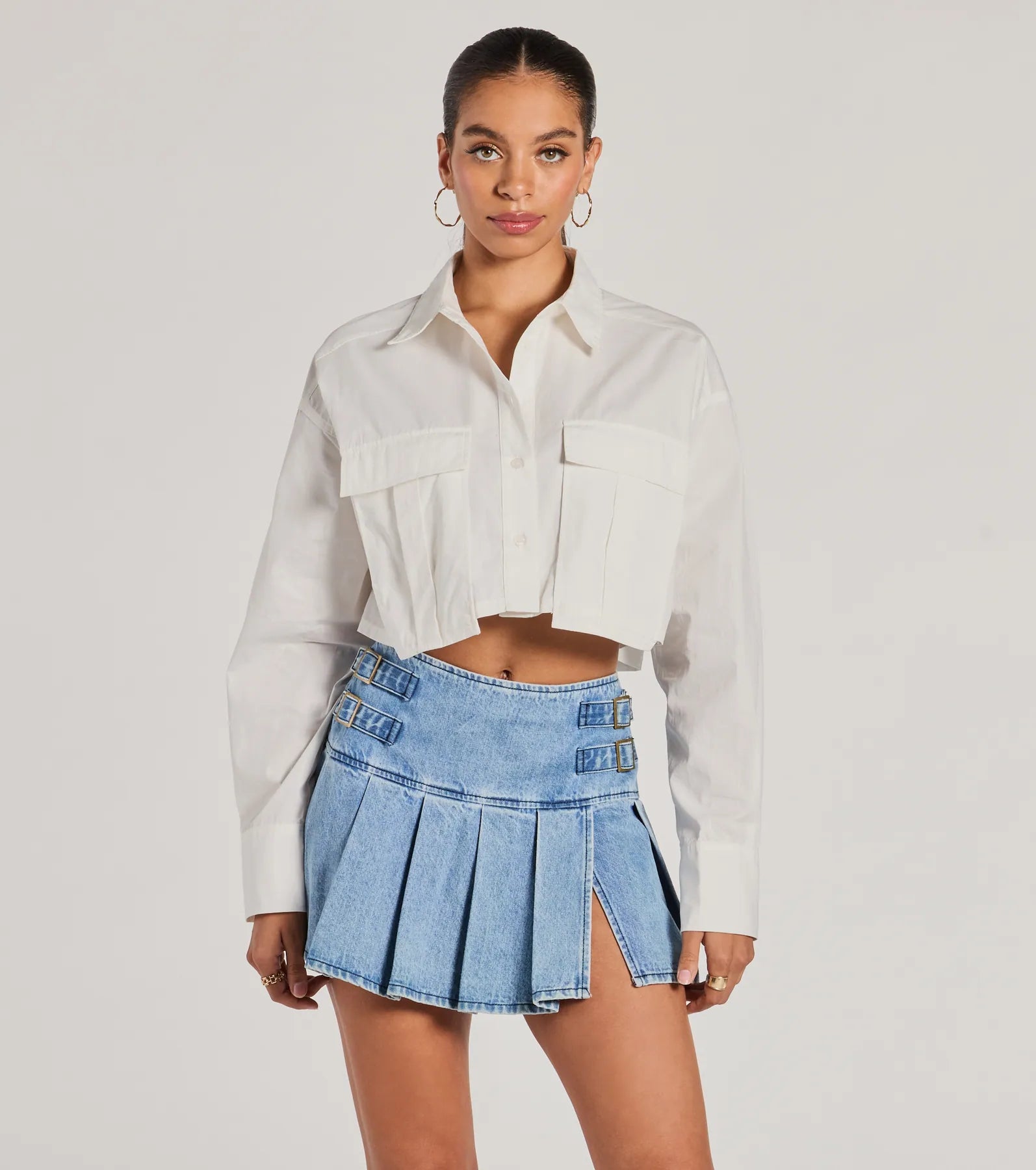 women's tops for mixing and matching with different bottomsOfficially Cute Long Sleeve Button Down Crop Top