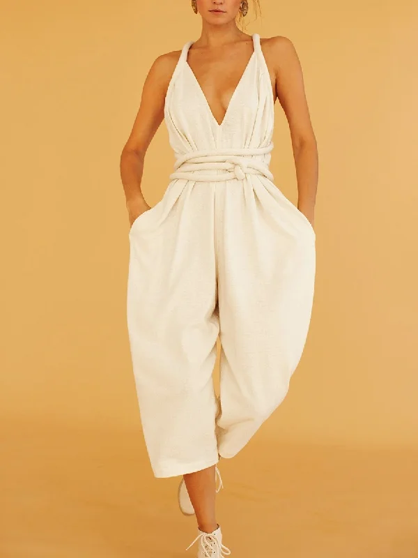 women's cozy jumpsuitsWomen's Fashion White Loose Cropped Jumpsuit