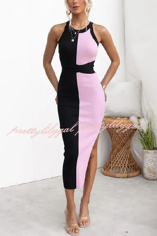 mini midi dressesSerene Ribbed Knit Colorblock Back Tie-up Slit Stretch Midi Dress