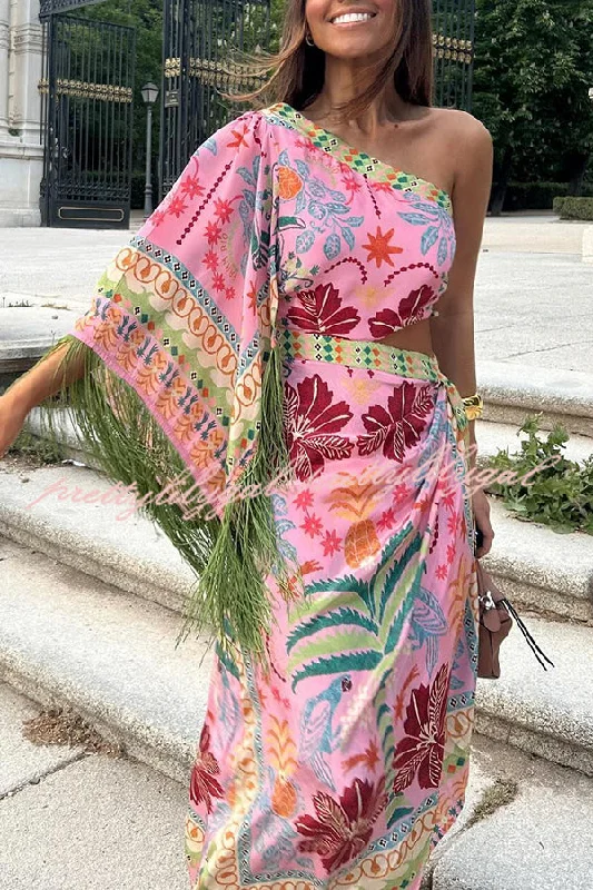 work-appropriate midi dressesFruits Queen Unique Print One Shoulder Fringe Detail Scarf Midi Dress