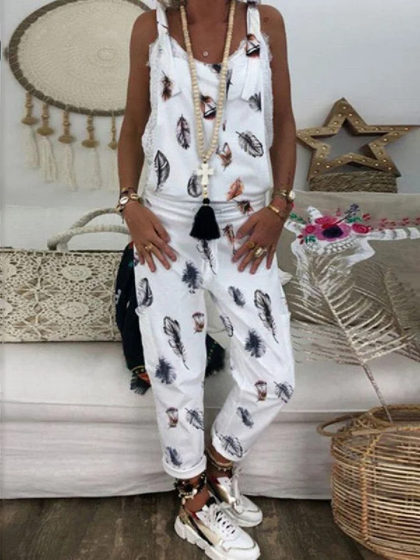 women's jumpsuits with off-the-shoulder necksFeather-print Jumpsuit Jeans