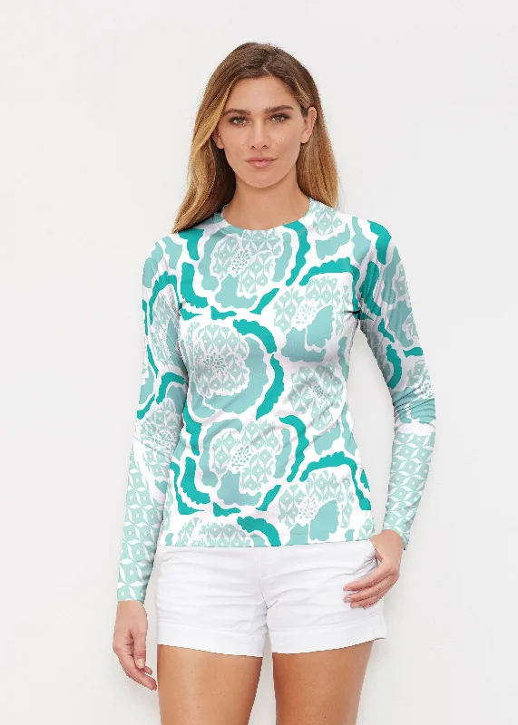 women's tops for creating capsule wardrobesPeonies Aqua (8082) ~ Long Sleeve Rash Guard