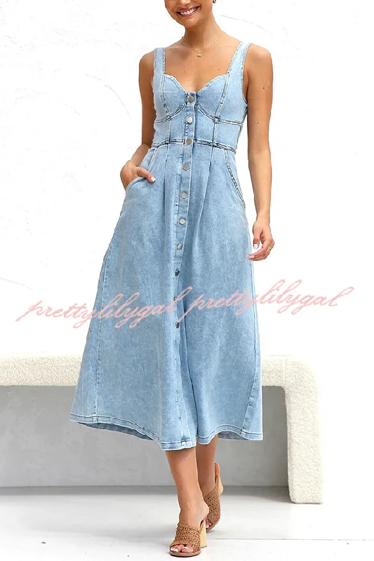 midi dresses with spaghetti strapsSpring Fling Washed Denim Button Pocket Back Smocked Midi Dress