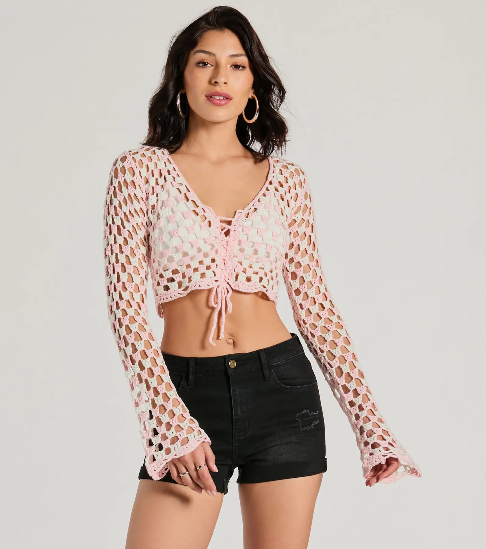 women's tops for those who want to stay warm and stylish during colder weatherTotal Trend Long Sleeve Checker Crochet Sweater