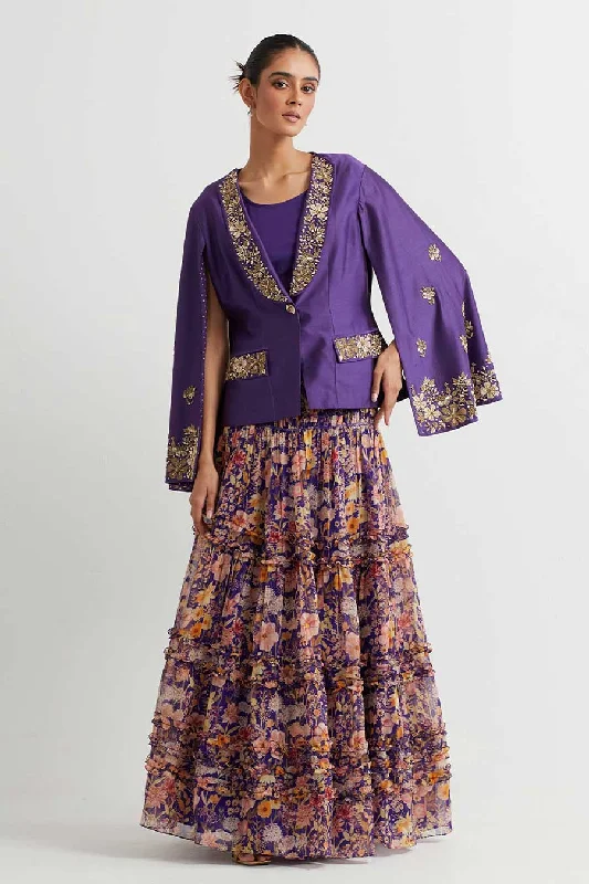 women's chiffon skirtsPurple Embroidered Jacket With Printed Skirt