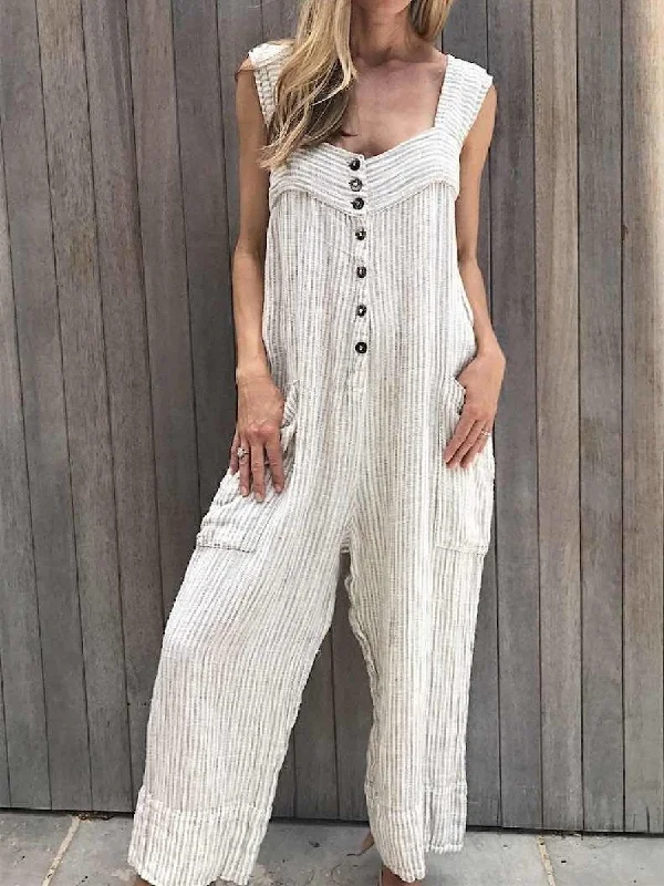 women's elegant jumpsuitsCasual White Striped Button Vintage One-Pieces Jumpsuit