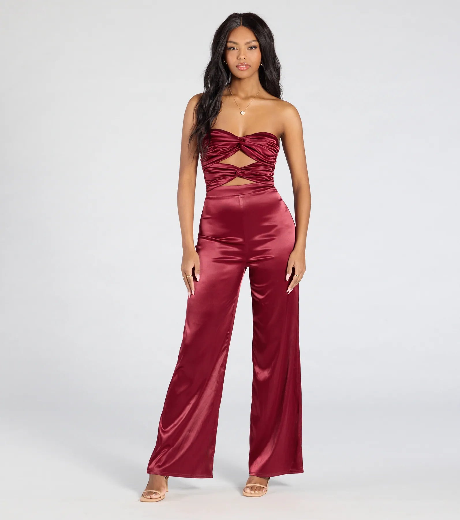 women's jumpsuits made of cottonLate Nights Cutout Satin Wide-Leg Jumpsuit