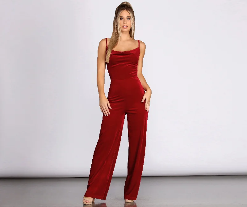 women's jumpsuits with bow tiesCowl Neck Velvet Jumpsuit