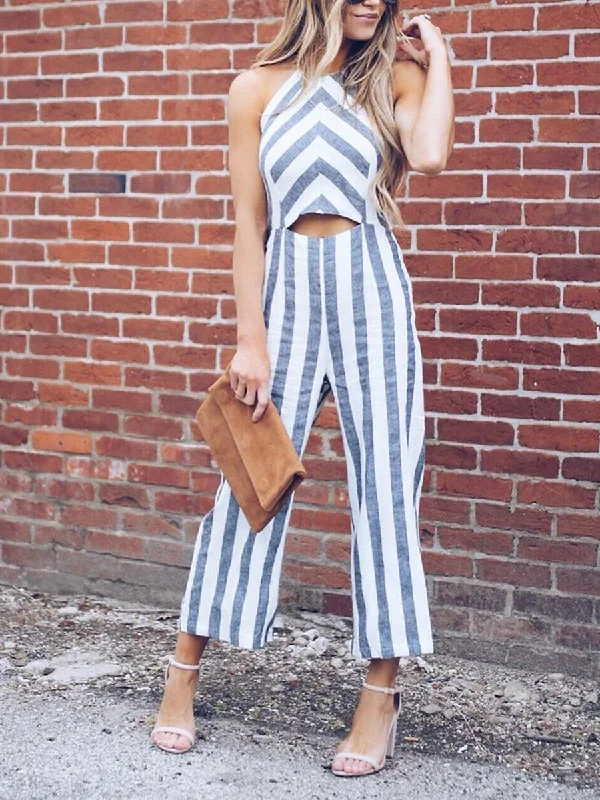 women's jumpsuits for easy dressingLinen Hollow out Striped Comfortable Jumpsuit