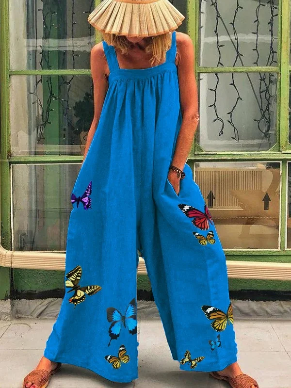 women's jumpsuits with zippersRomantic Pastoral Loose Butterfly Print Jumpsuit