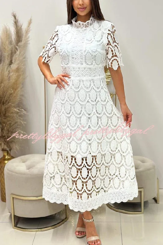 vintage midi dressesElegant Crocheted Cutout Lace Short-sleeved Stand-collar Midi Dress