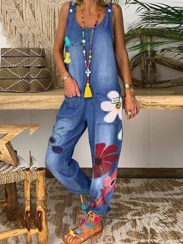 women's jumpsuits with high necksLoose Casual Denim Floral Jumpsuit