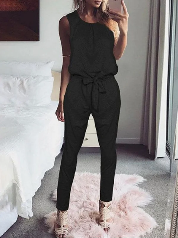 women's high-slit jumpsuitsRound Neck Bowknot Belt Loops Jumpsuits