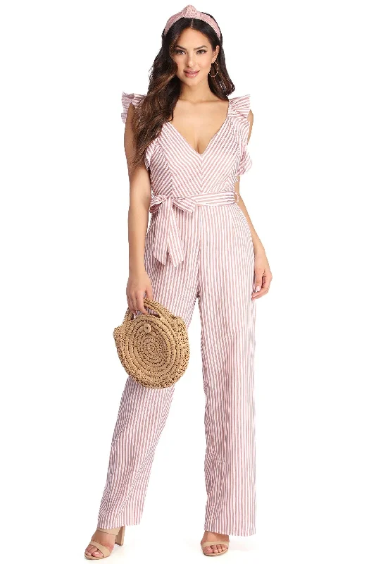 women's jumpsuits for weddingsRuffled And Striped Jumpsuit