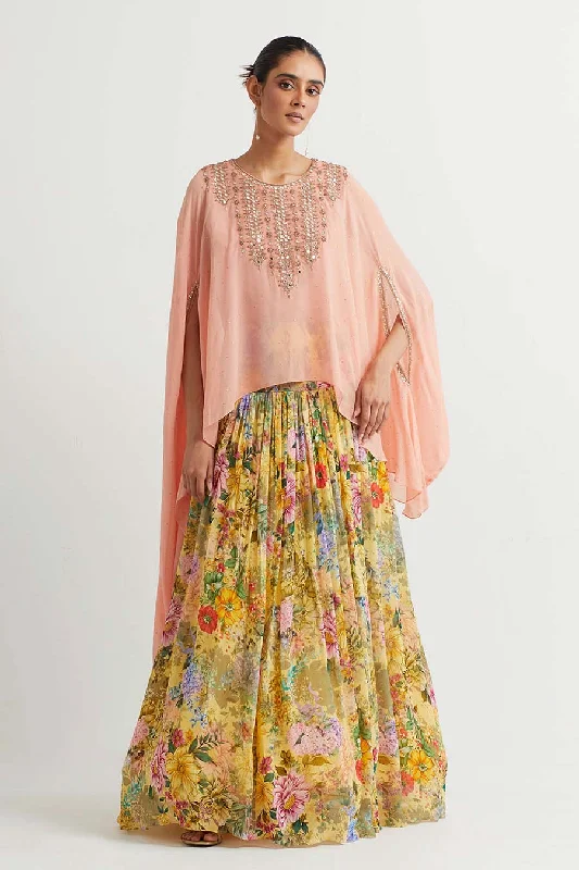 women's lace skirtsPeach Embroidered Cape & Printed Skirt Set