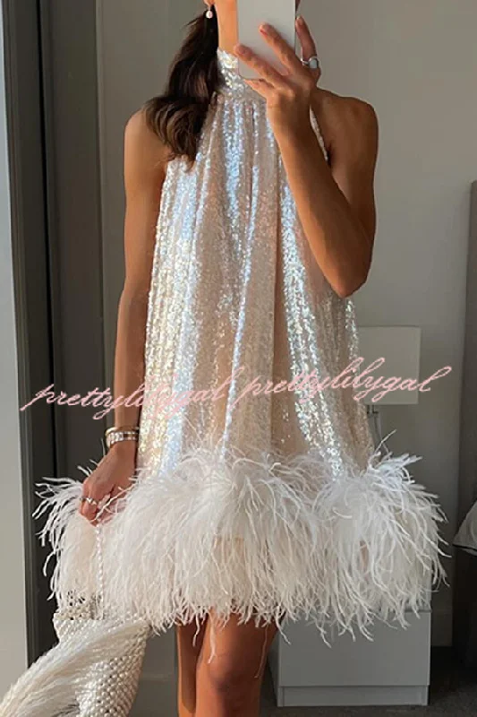 affordable floral Mimi dressesDancefloor Elf Sequin Feather Trim High Neck A-line Mini Dress