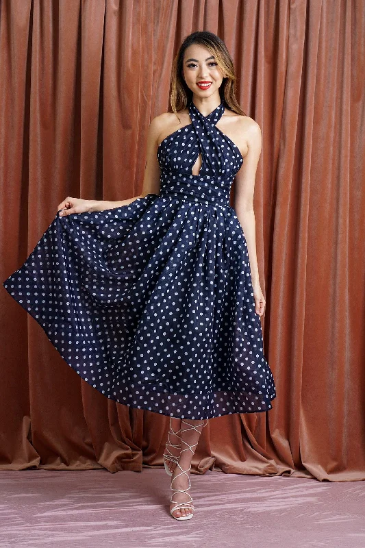 women's cotton dressesNavy & White Polka Dot Flared Dress