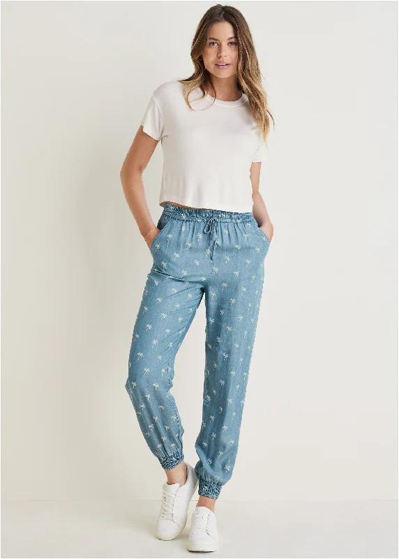 women's clubbing pantsPrinted Chambray Joggers - Light Wash