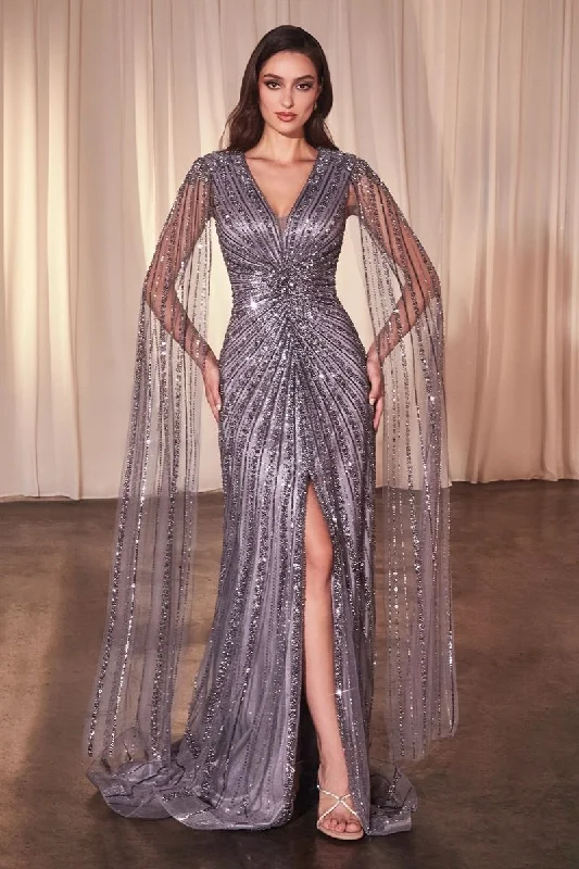 embroidered gown dressesCinderella Divine CD0239 Long Sleeve Beaded Sequin Formal Dress