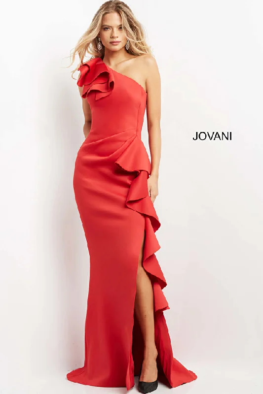 gown dress colors of the seasonJovani 06603 One Shoulder Ruffle Trim High Slit Formal Dress