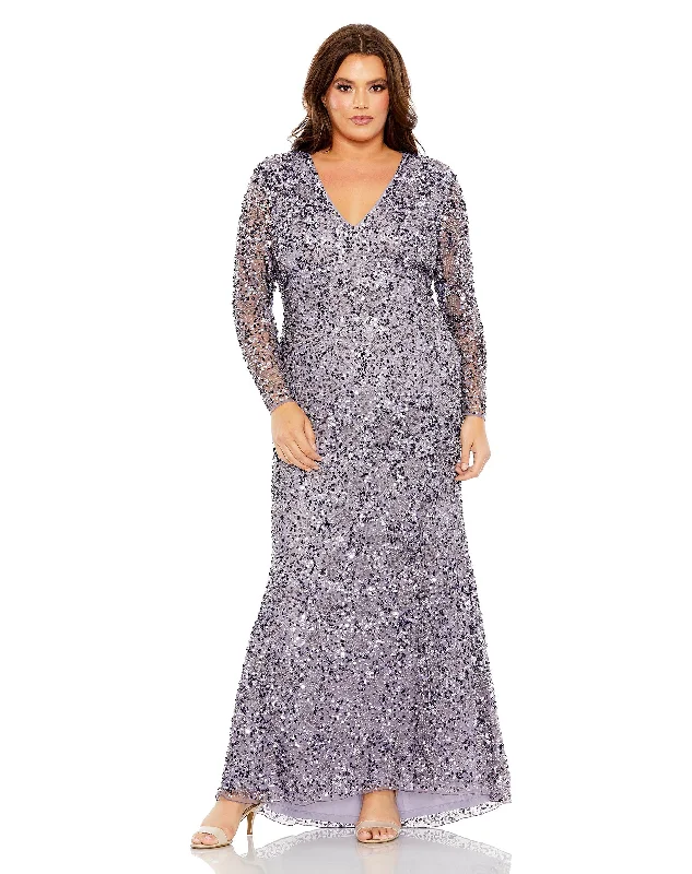 classic gown dressesMac Duggal 93865 Long Sleeve Sequin Plus Size Formal Dress