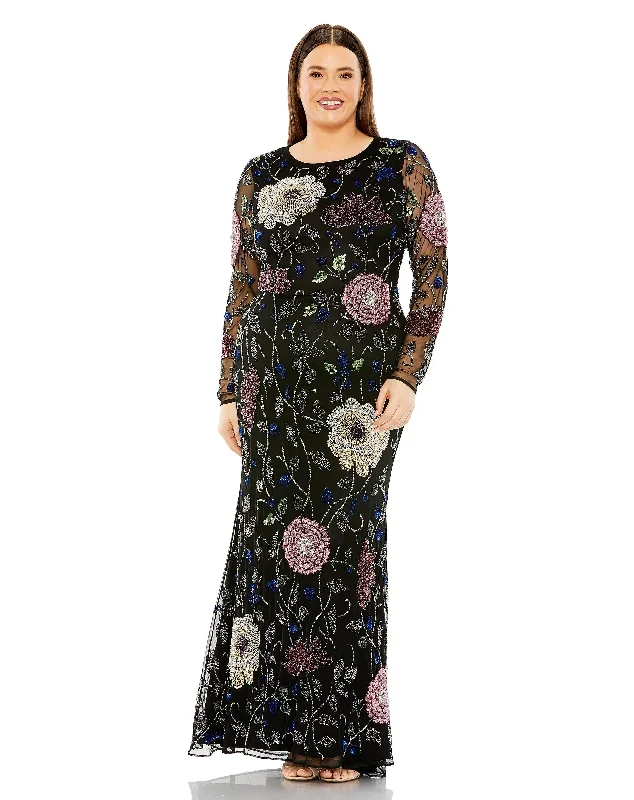 gown dress fitting tipsMac Duggal 94011 Long Sleeve Floral Plus Size Formal Dress