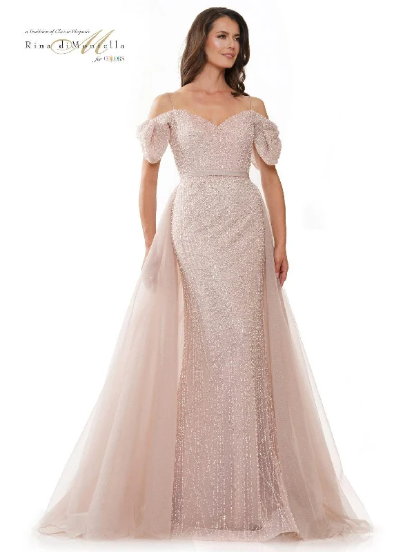 gown dresses for black-tie eventsRina di Montella RD2942 Long Off Shoulder Beaded Formal Dress