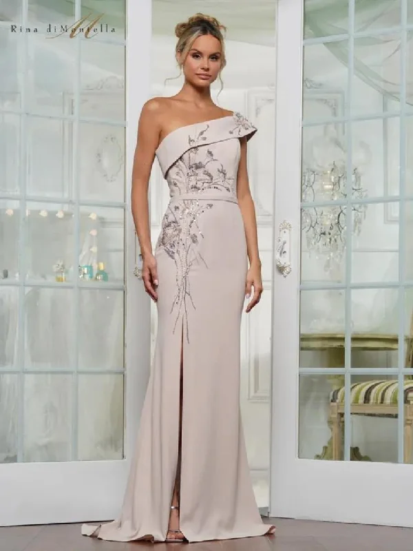 cap sleeve gown dressesRina di Montella RD3203 Long Beaded Slit Formal Dress