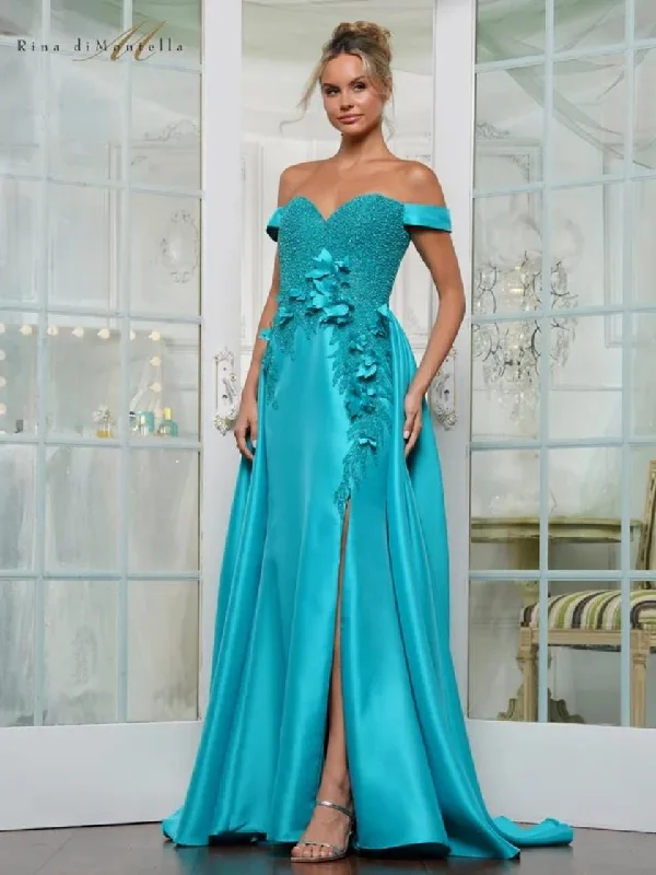 sleeveless gown dressesRina di Montella RD3229 Beaded 3D Floral Long Plus Size Formal Dress