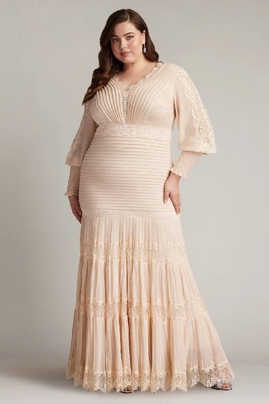 illusion gown dressesTadashi Shoji YV21070LQ Plus Size Long Sleeve Pleated Formal Dress