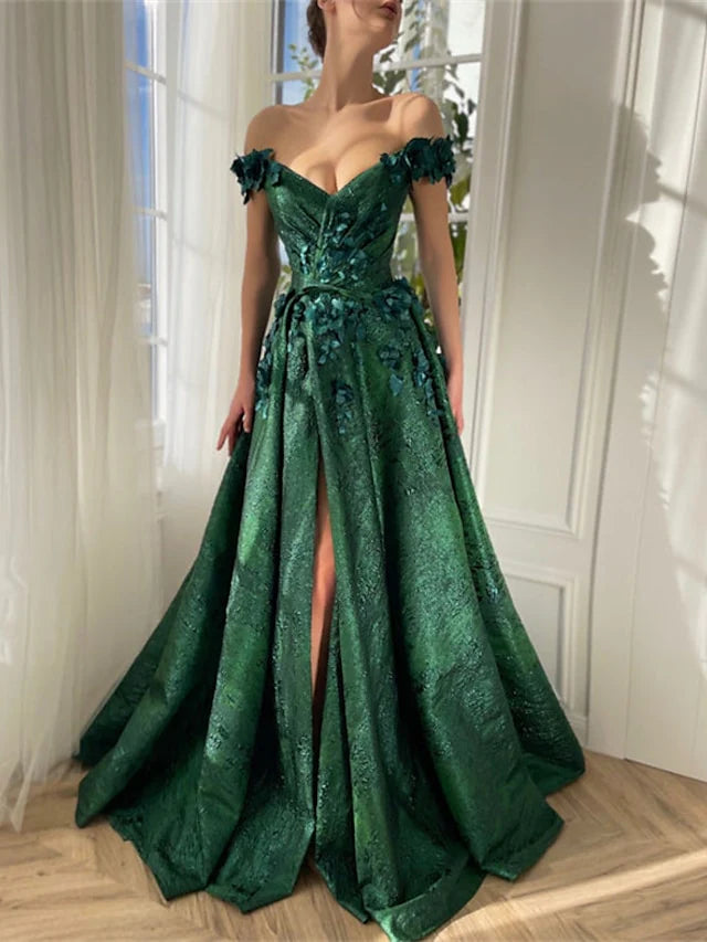 sleeveless prom dressesA-Line/Princess Off-The-Shoulder Sleeveless Floor-Length Long Prom Floral Dresses Whit Split Side Appliques