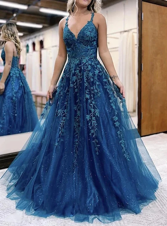 prom dresses with beaded accentsA-Line/Princess Spaghetti Straps Floor-Length Long Prom Dresses