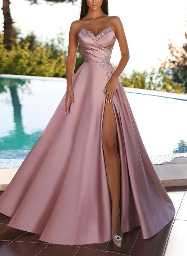 mid-length prom dressesA-Line/Princess Strapless Floor-Length Prom Floral Dresses With Split Side