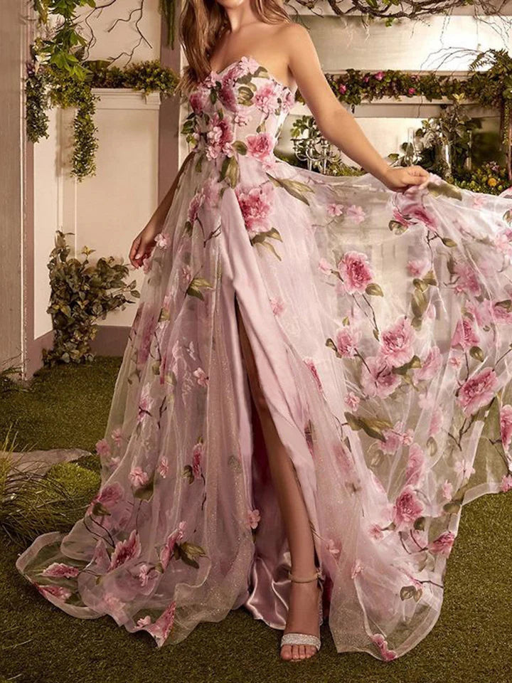 prom dresses for tall girlsA-Line/Princess Strapless Long Prom Floral Dresses With Split Side