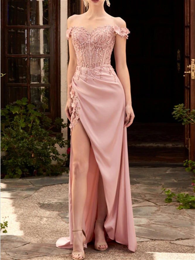 silk prom dressesA-Line/Princess Sweetheart Off-The-Shoulder Floor-Length Prom Dresses With Lace Embroidery