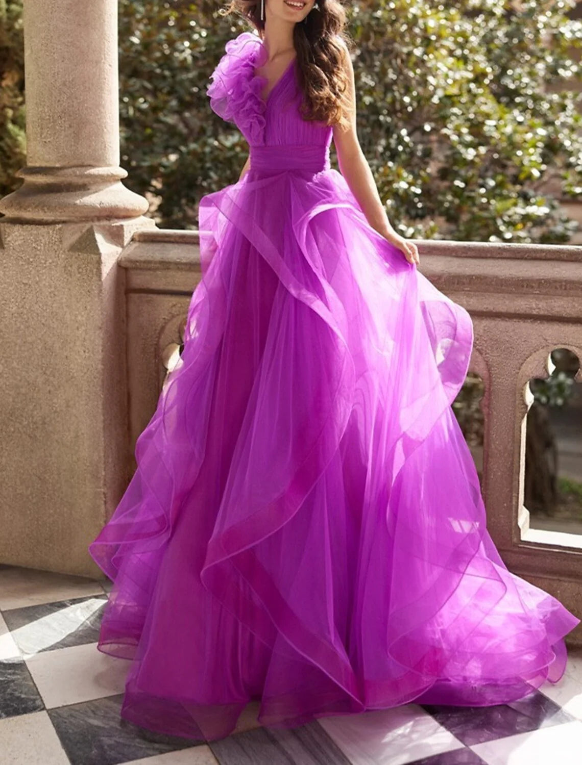 prom dress alterationsA-Line/Princess V Neck Sleeveless Floor-Length Prom Dresses With Ruffles