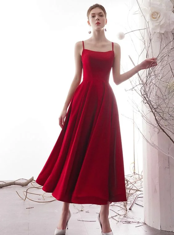 corset prom dressesA-Line Simple Red Satin Spaghetti Straps Tea Length Prom Dress    S663