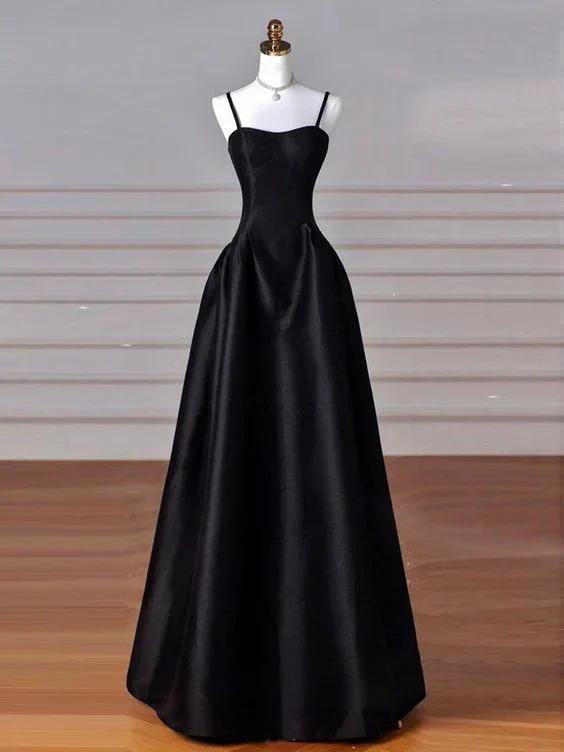 mid-length prom dressesA-Line Sweetheart Neck Satin Black Long Prom Dress, Black Long Formal Dress