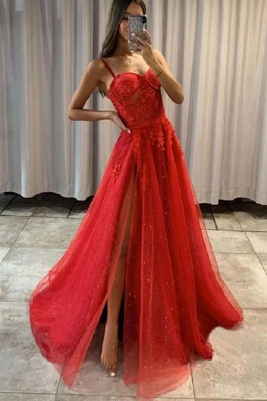 spaghetti strap prom dressesA-line Tulle Long Prom Dresses with Appliques,Winter Formal Dresses